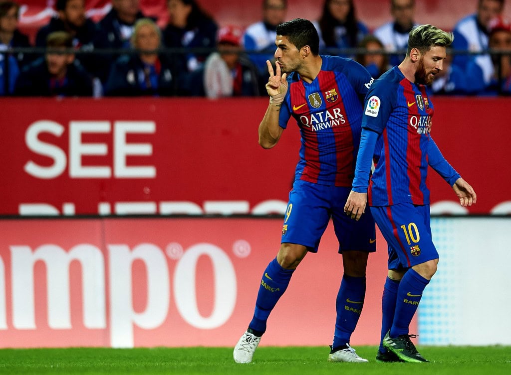 Star strikers Luis Suarez and Lionel Messi will return to the starting XI on Sunday after missing the match against Malaga last week. (Photo by Aitor Alcalde/Getty Images)