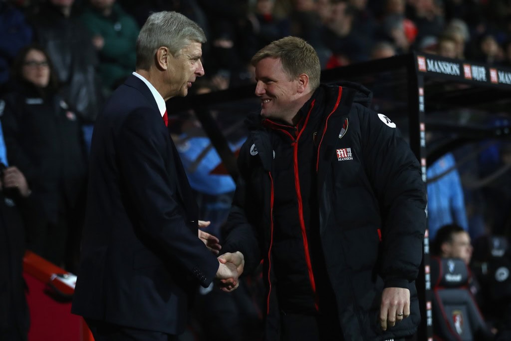 BOURNEMOUTH, ENGLAND - JANUARY 03: Eddie Howe (R) the manager of Bournemouth greets Arsene Wenger the manager of Arsenal during the Premier League match between AFC Bournemouth and Arsenal at the Vitality Stadium on January 3, 2017 in Bournemouth, England. (Photo by Michael Steele/Getty Images,)