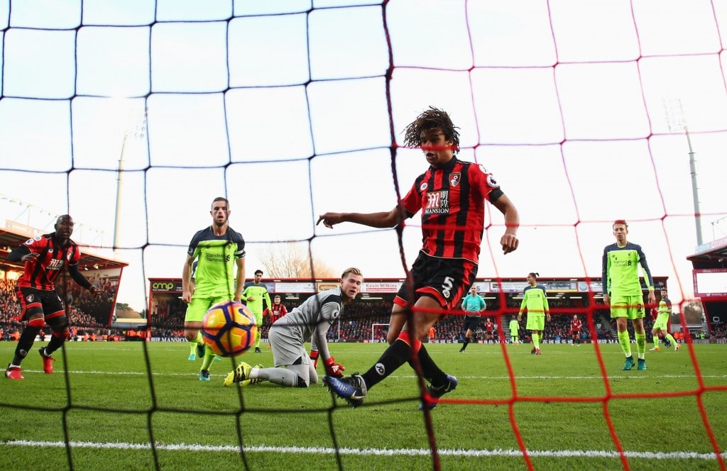 BOURNEMOUTH, ENGLAND - DECEMBER 04: Nathan Ake of AFC Bournemouth (5) scores their fourth goal during the Premier League match between AFC Bournemouth and Liverpool at Vitality Stadium on December 4, 2016 in Bournemouth, England. (Photo by Michael Steele/Getty Images)