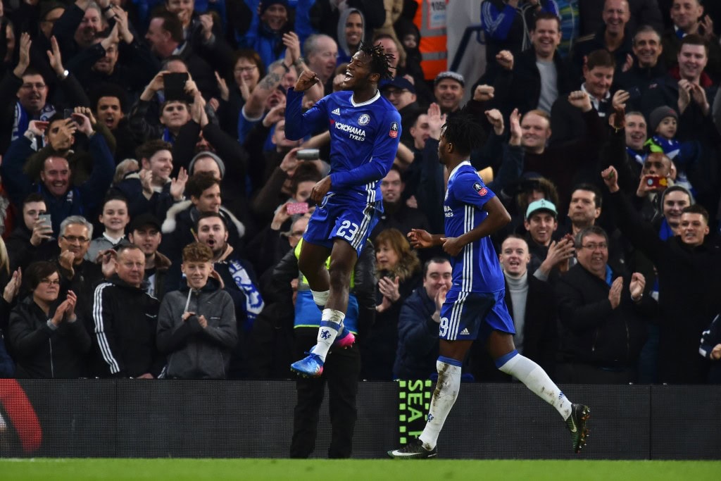 Chelsea's Belgian striker Michy Batshuayi celebrates scoring their fourth goal during the English FA Cup fourth round football match between Chelsea and Brentford at Stamford Bridge in London on January 28, 2017. / AFP / Glyn KIRK / RESTRICTED TO EDITORIAL USE. No use with unauthorized audio, video, data, fixture lists, club/league logos or 'live' services. Online in-match use limited to 75 images, no video emulation. No use in betting, games or single club/league/player publications. / (Photo credit should read GLYN KIRK/AFP/Getty Images)