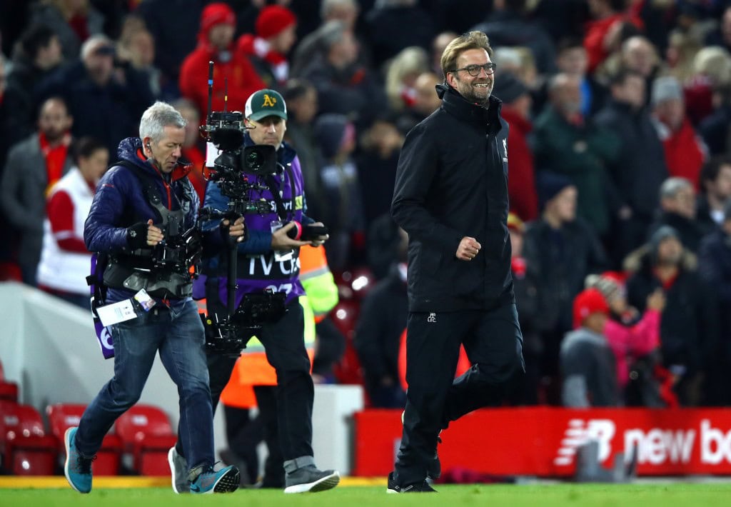 LIVERPOOL, ENGLAND - DECEMBER 31: Jurgen Klopp, Manager of Liverpool celebrates victory during the Premier League match between Liverpool and Manchester City at Anfield on December 31, 2016 in Liverpool, England. (Photo by Clive Brunskill/Getty Images)
