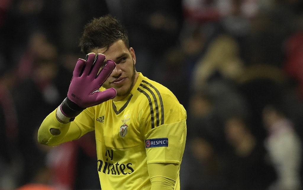 Benfica's Brazilian goalkeeper Ederson Moraes reacts after the Champions League quarter-final, first-leg football match between Bayern Munich and Benfica Lisbon in Munich, southern Germany, on April 5, 2016. / AFP / TOBIAS SCHWARZ (Photo credit should read TOBIAS SCHWARZ/AFP/Getty Images)