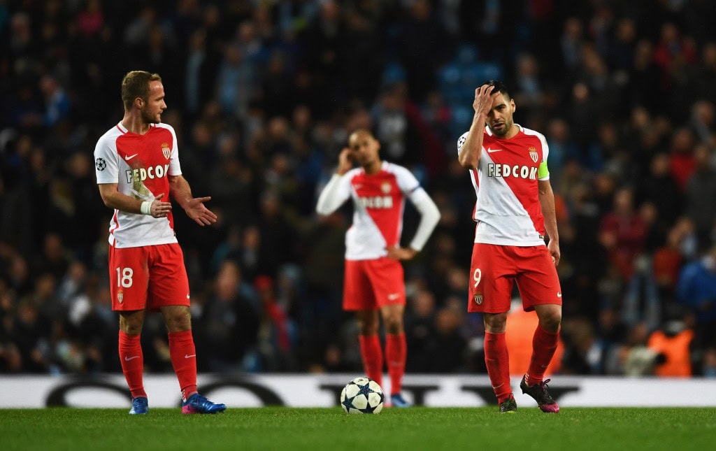MANCHESTER, ENGLAND - FEBRUARY 21: Valere Germain (18) and Radamel Falcao Garcia of AS Monaco look despondent during the UEFA Champions League Round of 16 first leg match between Manchester City FC and AS Monaco at Etihad Stadium on February 21, 2017 in Manchester, United Kingdom. (Photo by Laurence Griffiths/Getty Images)