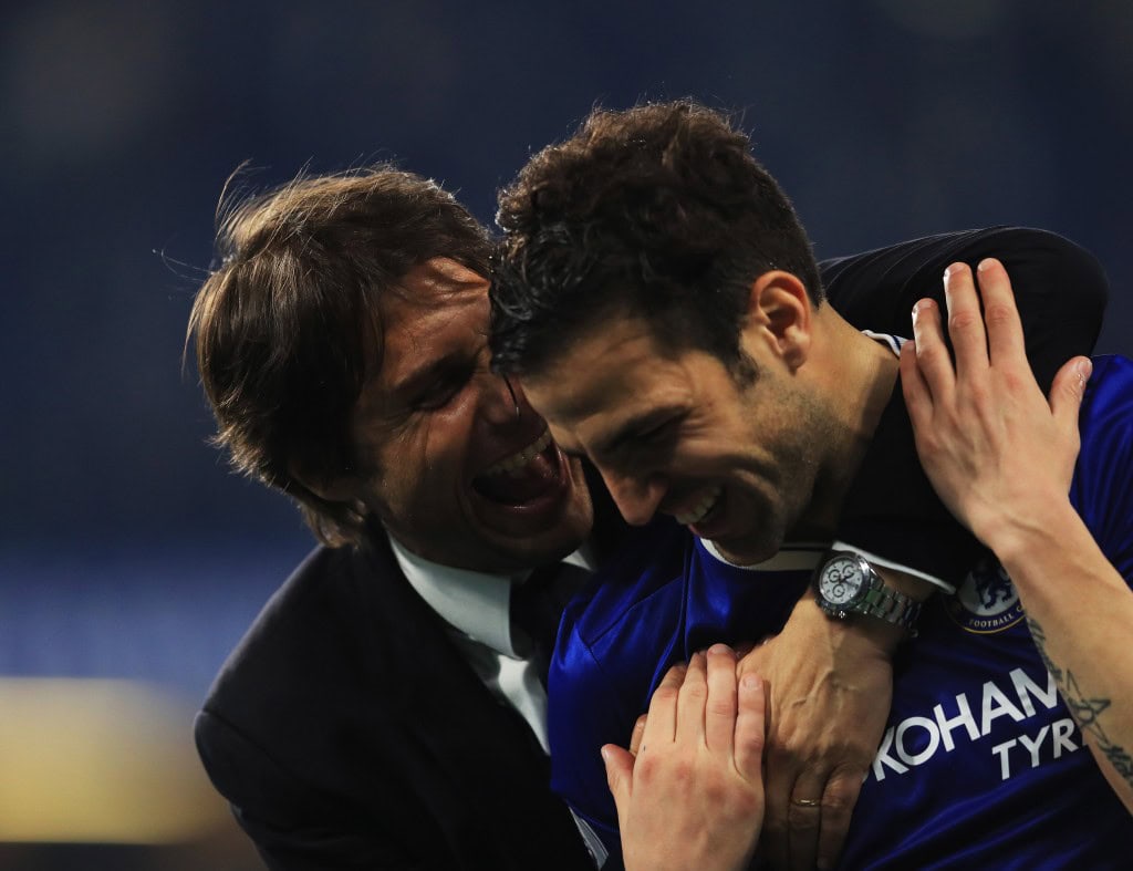 LONDON, ENGLAND - MAY 15: Antonio Conte, Manager of Chelsea speaks to Cesc Fabregas of Chelsea after the Premier League match between Chelsea and Watford at Stamford Bridge on May 15, 2017 in London, England. (Photo by Richard Heathcote/Getty Images)