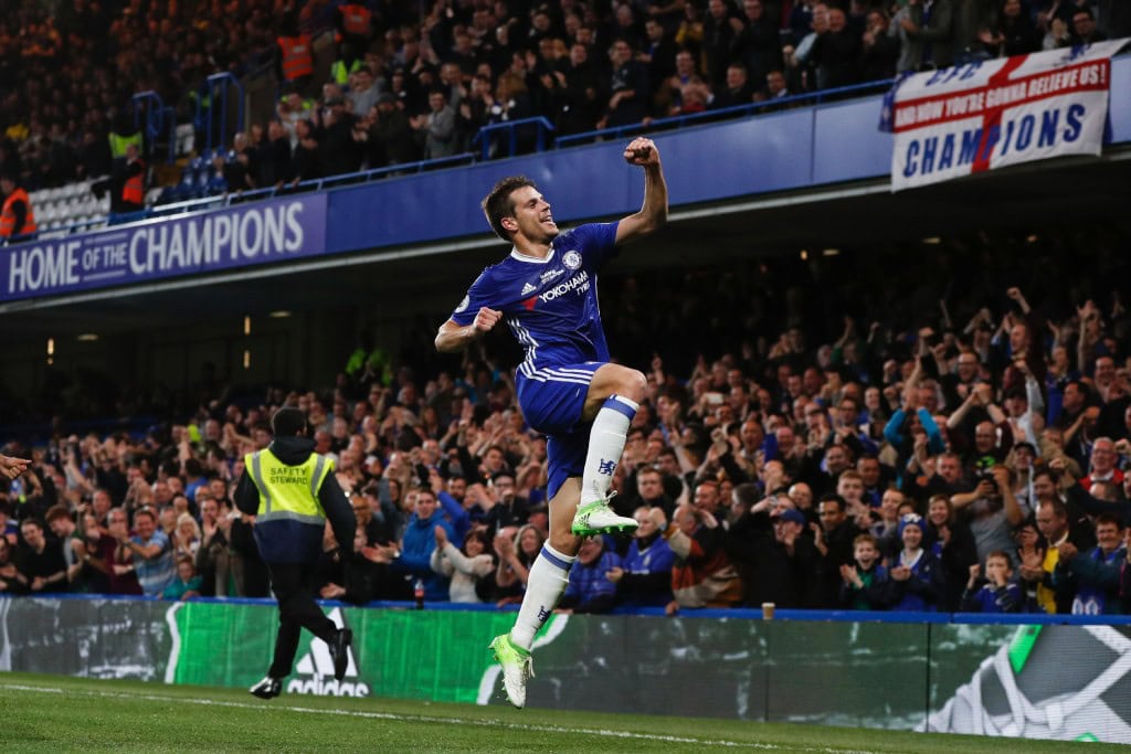 Chelsea's Spanish defender Cesar Azpilicueta celebrates scoring their second goal during the English Premier League football match between Chelsea and Watford at Stamford Bridge in London on May 15, 2017. / AFP PHOTO / Adrian DENNIS / RESTRICTED TO EDITORIAL USE. No use with unauthorized audio, video, data, fixture lists, club/league logos or 'live' services. Online in-match use limited to 75 images, no video emulation. No use in betting, games or single club/league/player publications. / (Photo credit should read ADRIAN DENNIS/AFP/Getty Images)