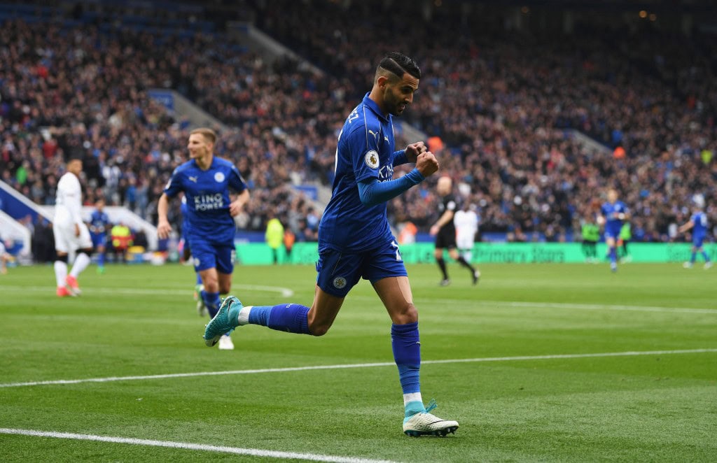 LEICESTER, ENGLAND - MAY 06: Riyad Mahrez of Leicester City celebrates scoring his sides second goal during the Premier League match between Leicester City and Watford at The King Power Stadium on May 6, 2017 in Leicester, England. (Photo by Michael Regan/Getty Images)