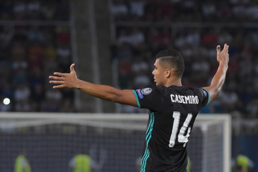 Real Madrid's Brazilian midfielder Casemiro reacts during the UEFA Super Cup football match between Real Madrid and Manchester United on August 8, 2017, at the Philip II Arena in Skopje. / AFP PHOTO / ARMEND NIMANI (Photo credit should read ARMEND NIMANI/AFP/Getty Images)