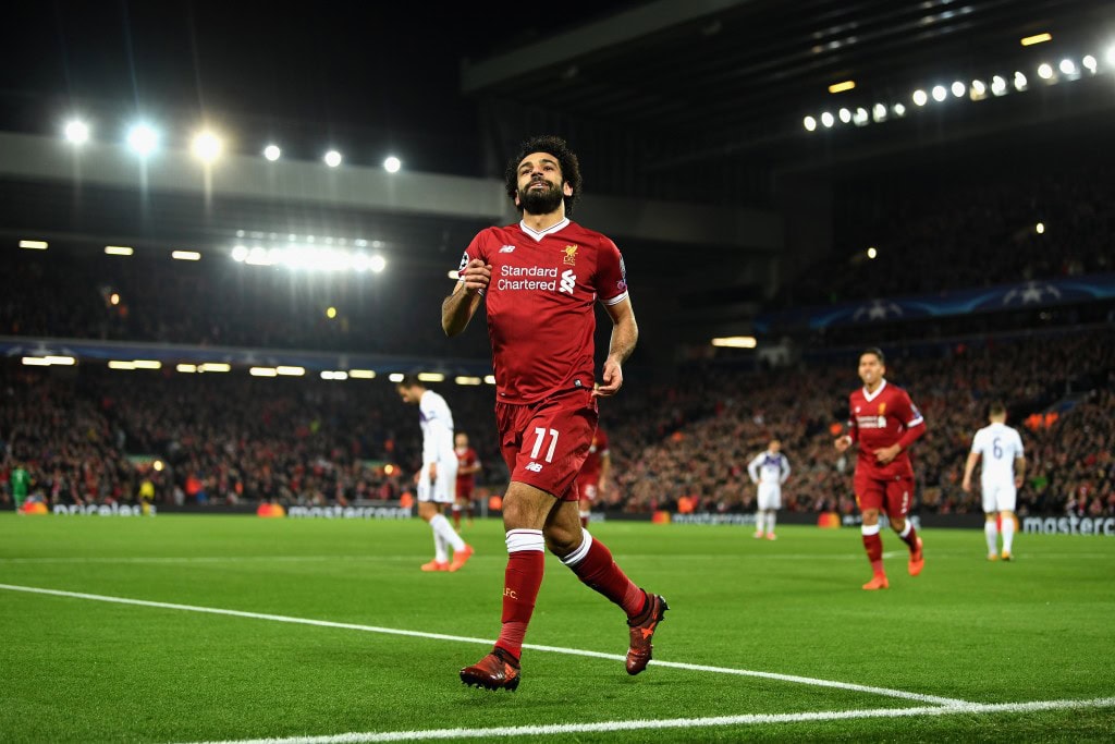 LIVERPOOL, ENGLAND - NOVEMBER 01: Mohamed Salah of Liverpool celebrates scoring his sides first goal during the UEFA Champions League group E match between Liverpool FC and NK Maribor at Anfield on November 1, 2017 in Liverpool, United Kingdom. (Photo by Michael Regan/Getty Images)