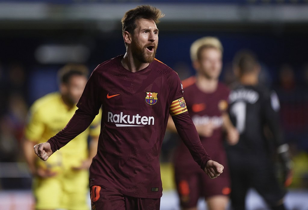 VILLARREAL, SPAIN - DECEMBER 10: Lionel Messi of Barcelona celebrates scoring his team's second goal during the La Liga match between Villarreal and Barcelona at Estadio La Ceramica on December 10, 2017 in Villarreal, Spain. (Photo by Fotopress/Getty Images)