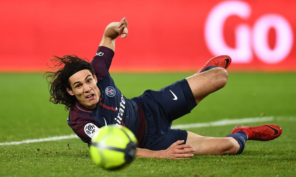 Paris Saint-Germain's Uruguayan forward Edinson Cavani falls during the French L1 football match between Paris Saint-Germain (PSG) and Montpellier (MHSC) at the Parc des Princes stadium in Paris on January 27, 2018. / AFP PHOTO / FRANCK FIFE (Photo credit should read FRANCK FIFE/AFP/Getty Images)