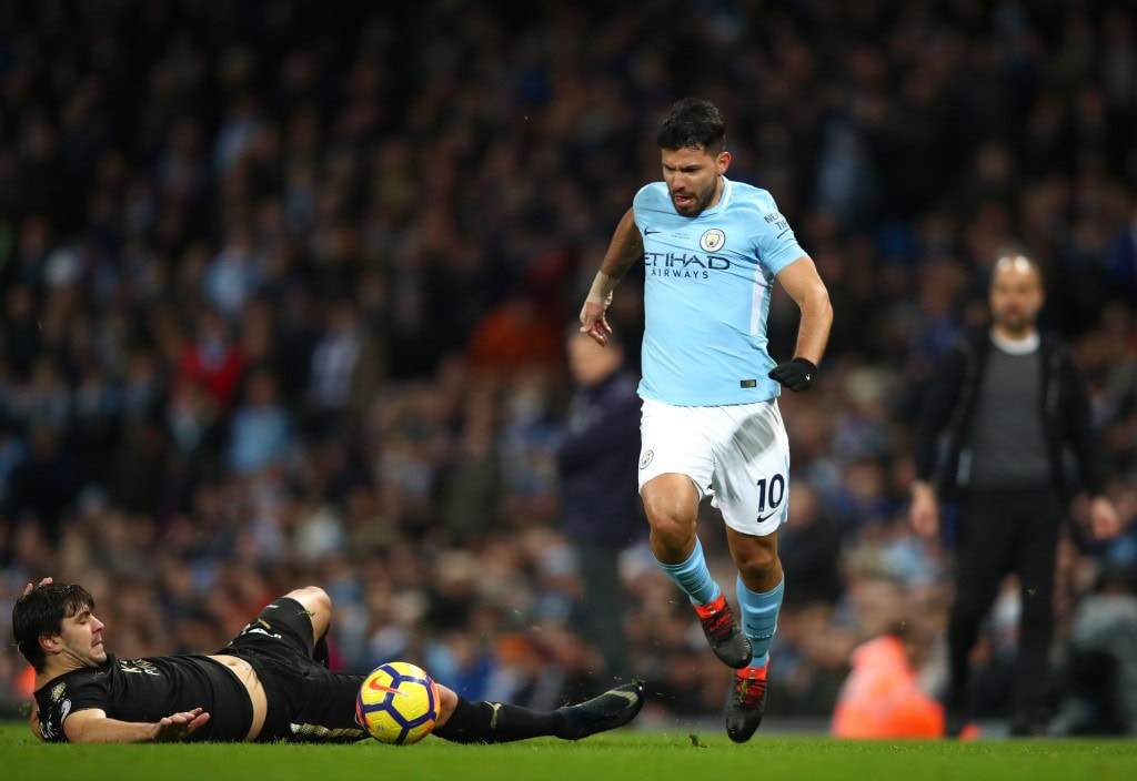 MANCHESTER, ENGLAND - FEBRUARY 10: Sergio Aguero of Manchester City runs with the ball during the Premier League match between Manchester City and Leicester City at Etihad Stadium on February 10, 2018 in Manchester, England. (Photo by Clive Brunskill/Getty Images)