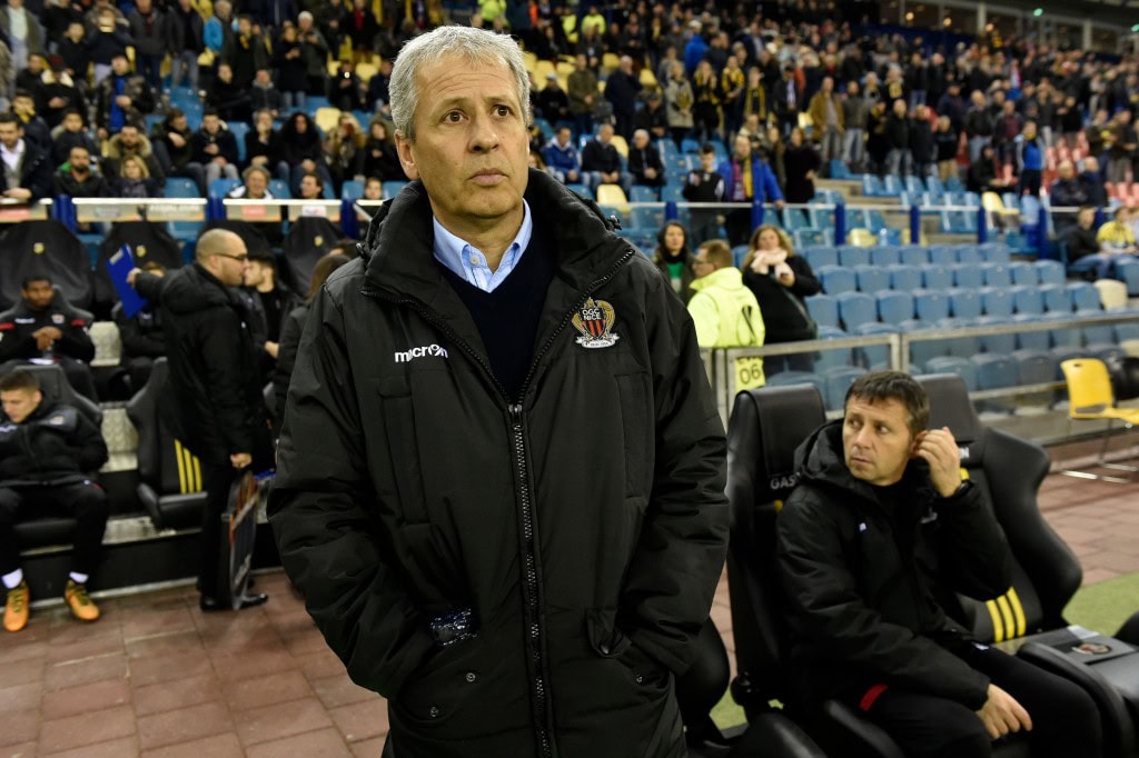 Nice's head coach Lucien Favre looks on during the UEFA Europa League Group K football match between Vitesse Arnhem and Nice at the Gelredome stadium in Arnhem on December 7, 2017. / AFP PHOTO / JOHN THYS (Photo credit should read JOHN THYS/AFP/Getty Images)