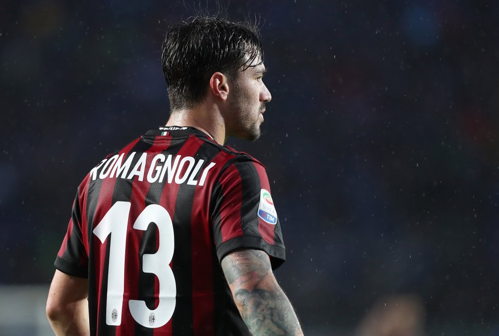 BERGAMO, ITALY - MAY 13: Alessio Romagnoli of AC Milan looks on during the serie A match between Atalanta BC and AC Milan at Stadio Atleti Azzurri d'Italia on May 13, 2018 in Bergamo, Italy. (Photo by Marco Luzzani/Getty Images)