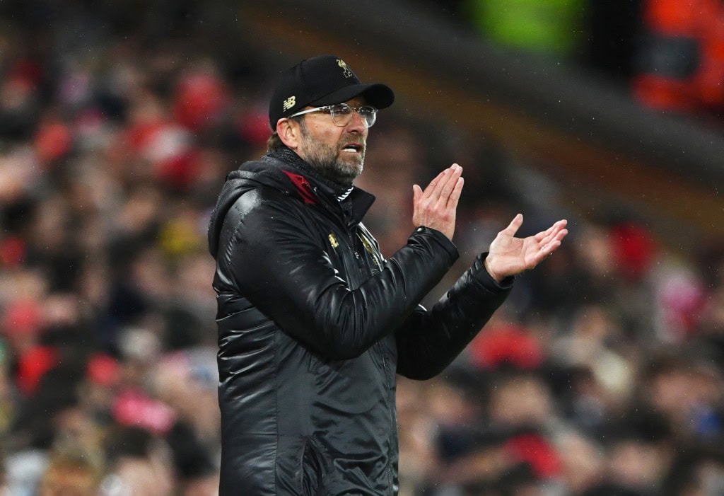 LIVERPOOL, ENGLAND - FEBRUARY 19: Jurgen Klopp, Manager of Liverpool applauds during the UEFA Champions League Round of 16 First Leg match between Liverpool and FC Bayern Muenchen at Anfield on February 19, 2019 in Liverpool, England. (Photo by Stu Forster/Getty Images)
