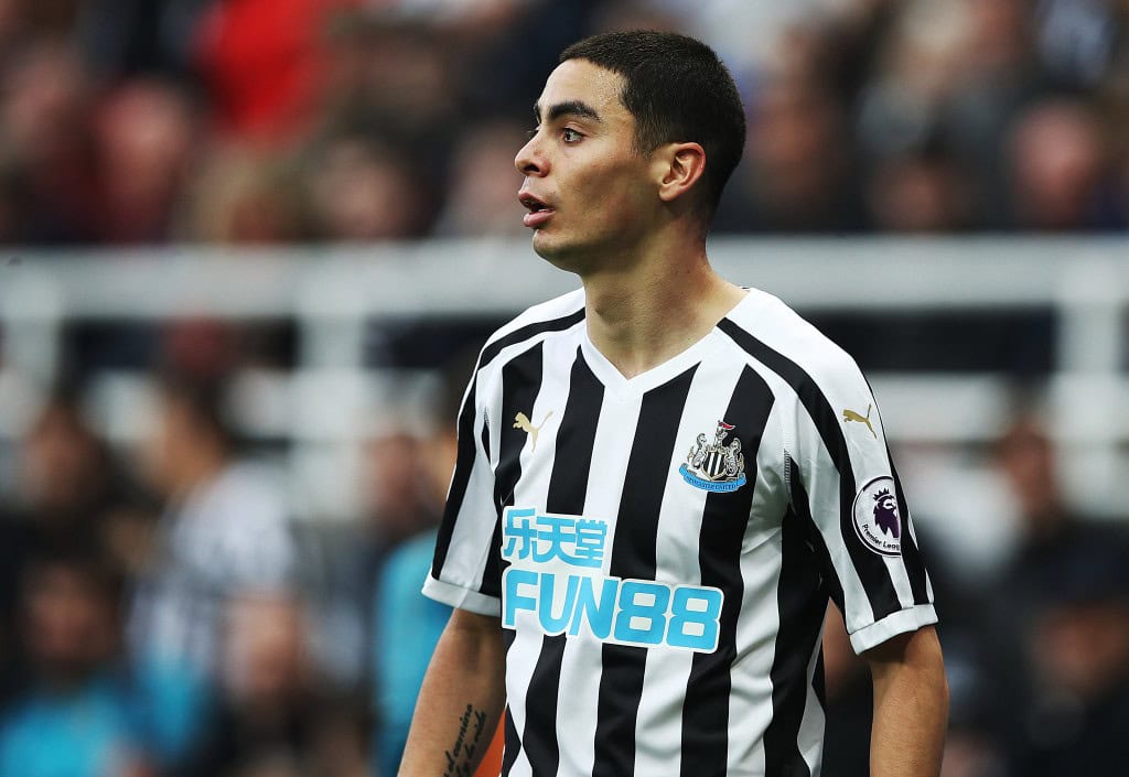 NEWCASTLE UPON TYNE, ENGLAND - FEBRUARY 23: Miguel Almiron of Newcastle United looks on during the Premier League match between Newcastle United and Huddersfield Town at St. James Park on February 23, 2019 in Newcastle upon Tyne, United Kingdom. (Photo by Ian MacNicol/Getty Images)