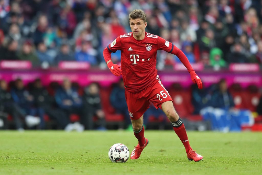 MUNICH, GERMANY - FEBRUARY 23: Thomas Mueller of FC Bayern Muenchen in action during the Bundesliga match between FC Bayern Muenchen and Hertha BSC at Allianz Arena on February 23, 2019 in Munich, Germany. (Photo by Christian Kaspar-Bartke/Bongarts/Getty Images)