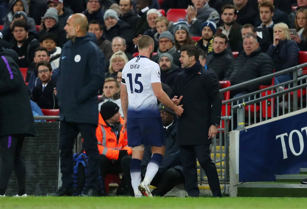 LONDON, ENGLAND - OCTOBER 29: Eric Dier of Tottenham Hotspur shakes hands with Mauricio Pochettino, Manager of Tottenham Hotspur after being substituted off during the Premier League match between Tottenham Hotspur and Manchester City at Wembley Stadium on October 29, 2018 in London, United Kingdom. (Photo by Catherine Ivill/Getty Images)