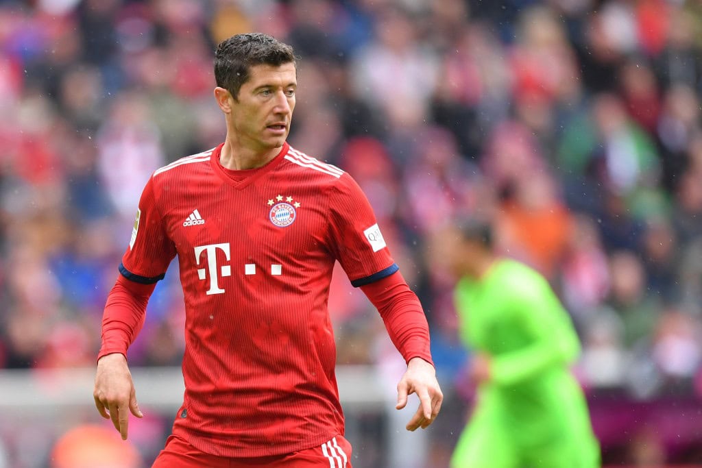 MUNICH, GERMANY - MAY 04: Robert Lewandowski of Bayern Munich looks on during the Bundesliga match between FC Bayern Muenchen and Hannover 96 at Allianz Arena on May 04, 2019 in Munich, Germany. (Photo by Sebastian Widmann/Bongarts/Getty Images)