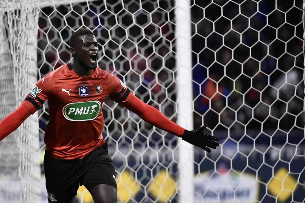 Rennes' Senegalese forward M'Baye Niang celebrates after scoring a goal during the French Cup semi-final football match between Lyon (OL) and Rennes (SRFC) at the Groupama Stadium in Decines-Charpieu, near Lyon, central-eastern France, on April 2, 2019. (Photo by JEFF PACHOUD / AFP) (Photo credit should read JEFF PACHOUD/AFP/Getty Images)