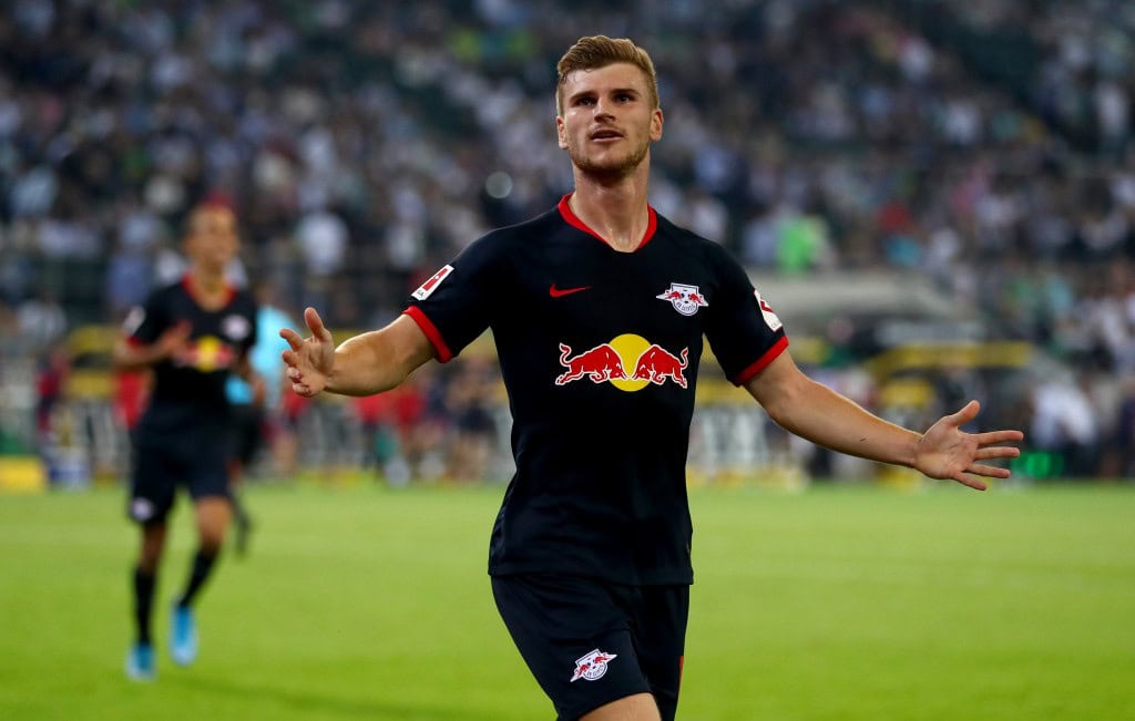 MOENCHENGLADBACH, GERMANY - AUGUST 30: Timo Werner of Leipzig celebrates after scoring his teams third goal during the Bundesliga match between Borussia Moenchengladbach and RB Leipzig at Borussia-Park on August 30, 2019 in Moenchengladbach, Germany. (Photo by Lars Baron/Bongarts/Getty Images)