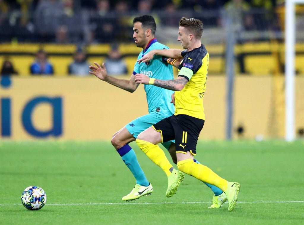 Busquets found it difficult tp cope with Dortmund's pace (Photo by Martin Rose/Bongarts/Getty Images)