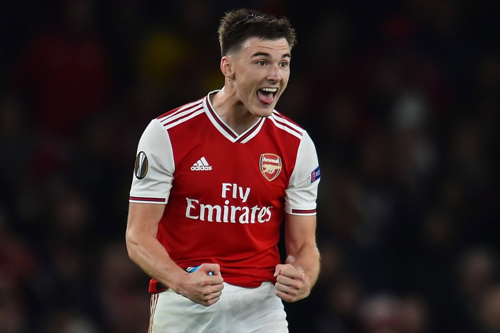Arsenal's Scottish defender Kieran Tierney celebrates on the pitch after the UEFA Europa League Group F football match between Arsenal and Standard Liege at the Arsenal Stadium in London on October 3, 2019. - Arsenal won the game 4-0. (Photo by Glyn KIRK / AFP) (Photo by GLYN KIRK/AFP via Getty Images)