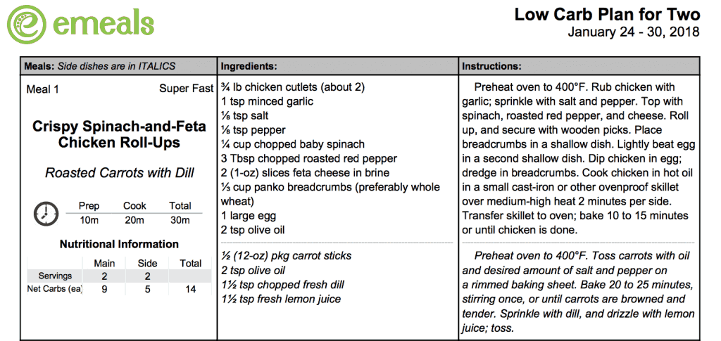 Screen shot of a recipe from the weekly menu for an emeals review