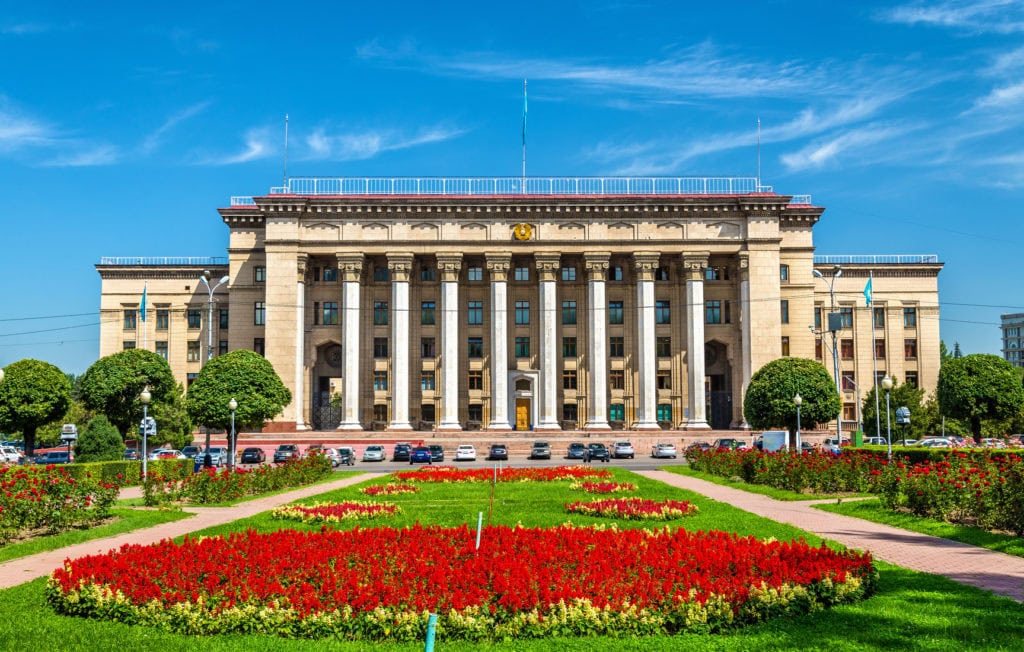Алматы. Казахстан. The building of the Kazakh-British technical University in Almaty, Kazakhstan. Former government house.