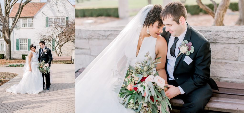 wedding couple standing in front of danada house innaperville il bride holding flowers