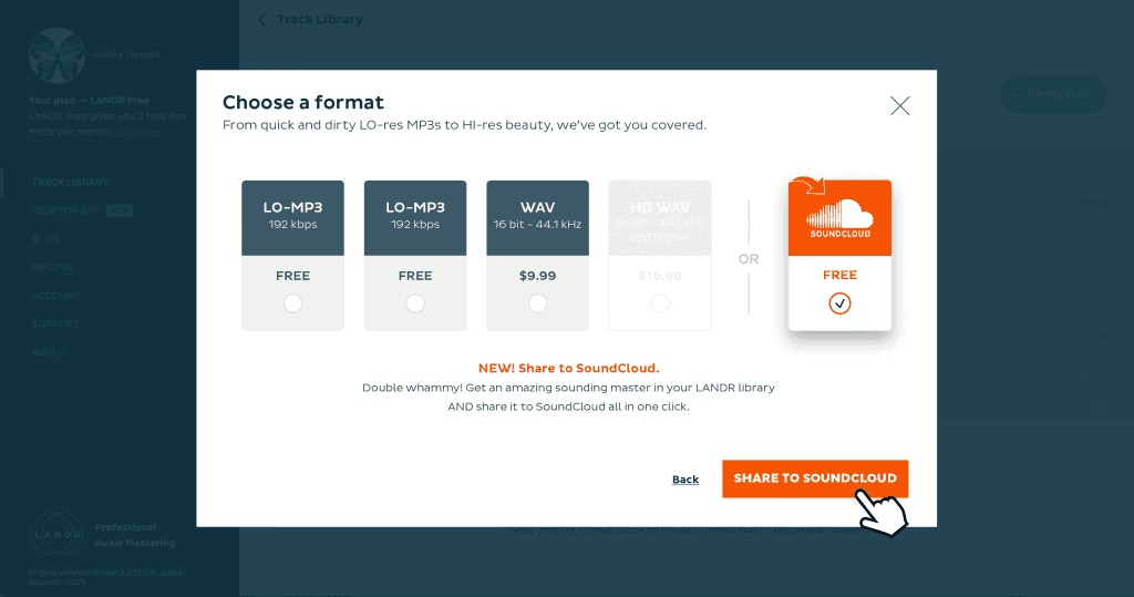 A free SoundCloud option is now available once you connect your account to Landr.