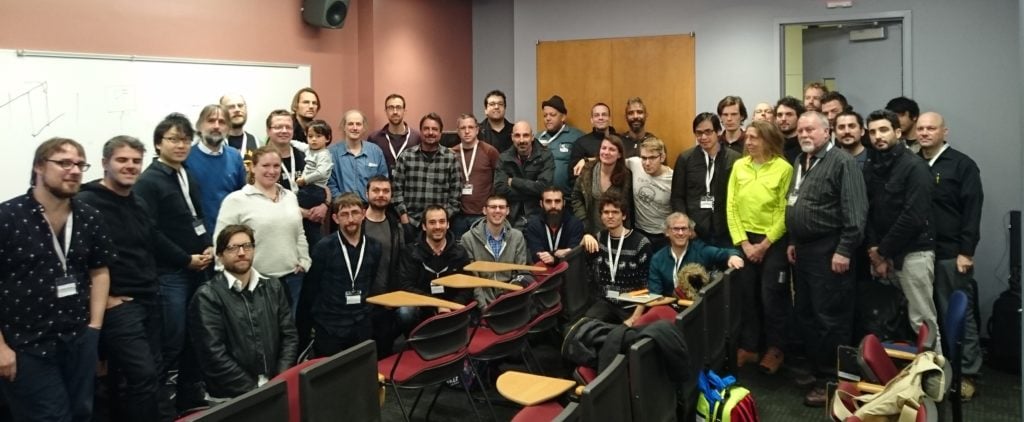 The participants of the 2016 Pure Data Convention. Organizers Jaime Oliver (leftmost), Sofy Yuditskaya (somewhat in the middle) and Ricky Graham (too busy to pose on the picture).