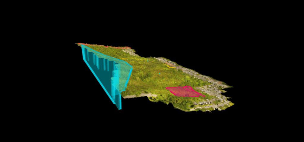 3d image of construction site taken by a drone including elevation, measurements, cross-sections.