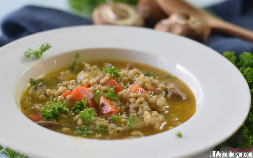 healthy mushroom barley soup closeup