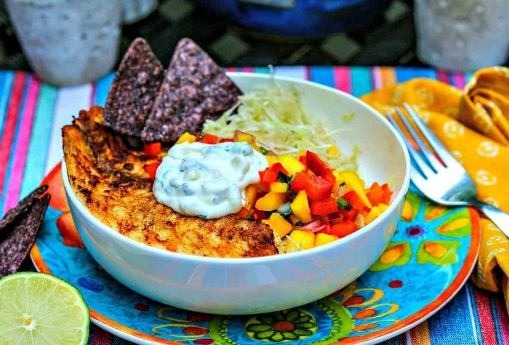 Fish Taco Bowl with Mango Salsa and Cilantro Lime Crema Life, Love