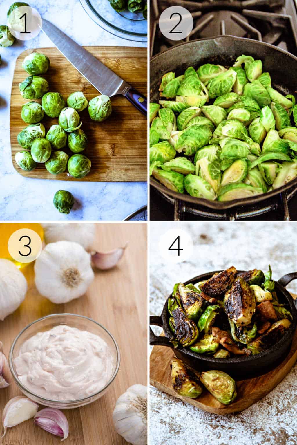 Prepping and cooking steps brussels sprouts and garlic aioli