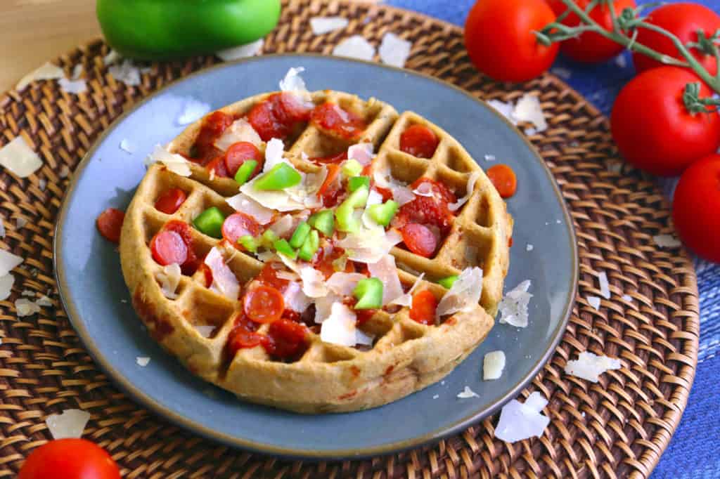 Savory Pizza Waffles, how to make gluten free waffles, brown rice flour waffle, cheese waffles, healthy waffle recipe, dinner waffles, savory waffle ideas
