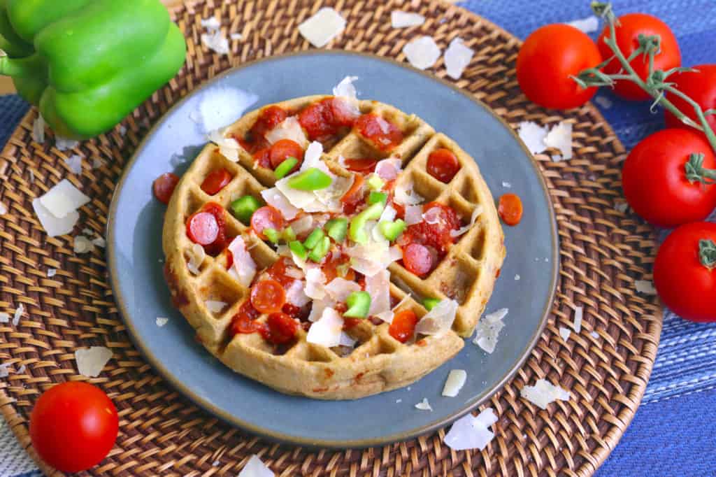 Pizza Waffles, gluten free waffle recipe, healthy waffle recipe, brown rice flour waffle, savory waffle toppings, waffle iron pizza, pizza flavored waffles