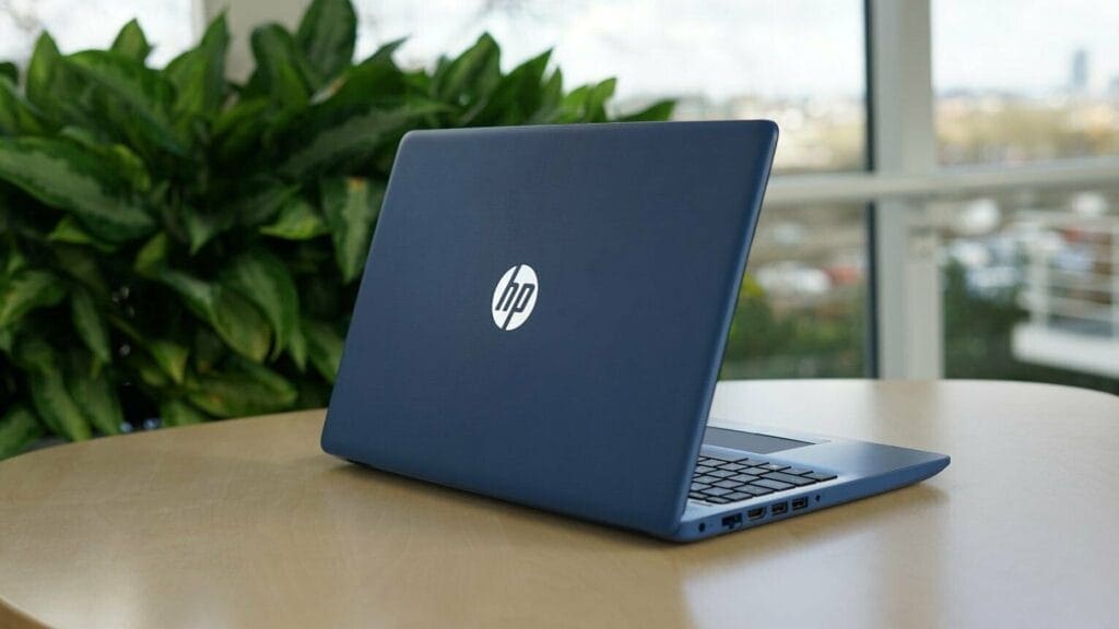 Image shows a HP laptop on a wooden table, there's a plant to the left and in the distance is window with a city landscape.