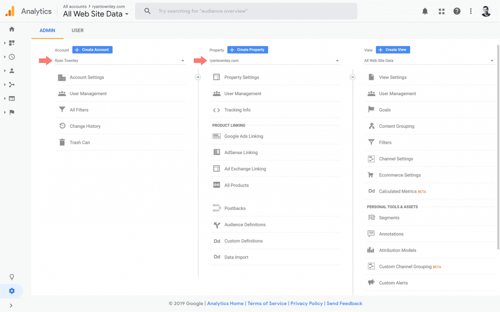 Screen shot of Google Analytics Admin screen with an arrows pointing to the Account and Property drop downs