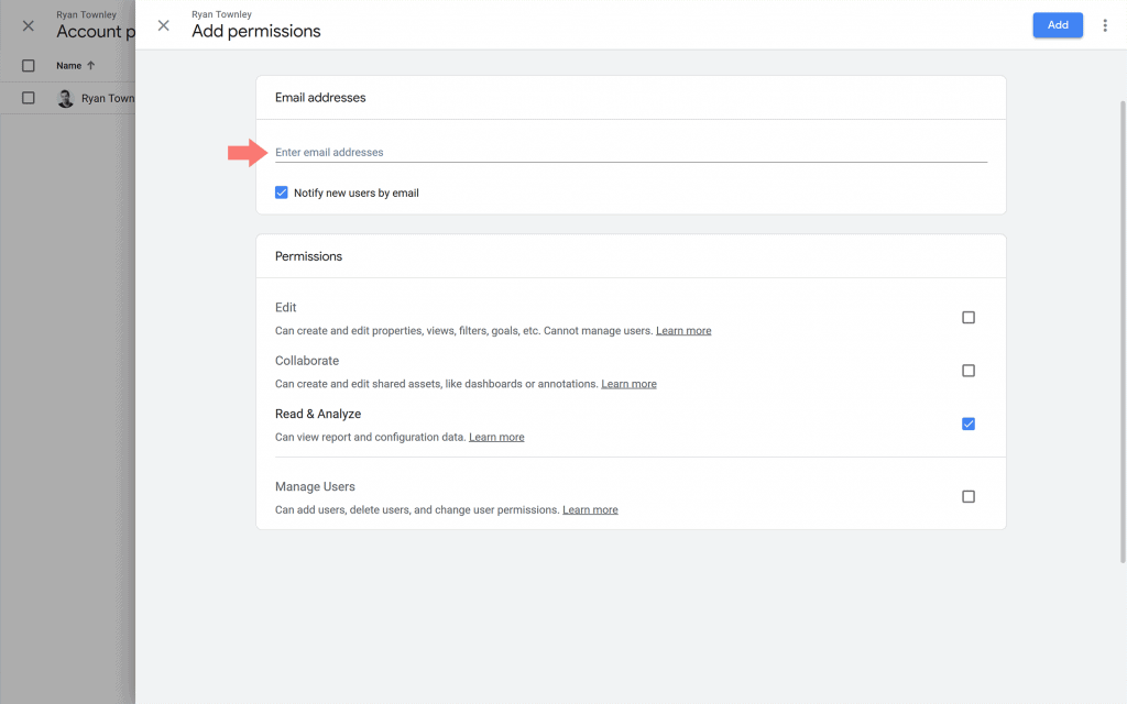 Screen shot of Google Analytics Add user permissions screen with arrow pointing to the email addresses field