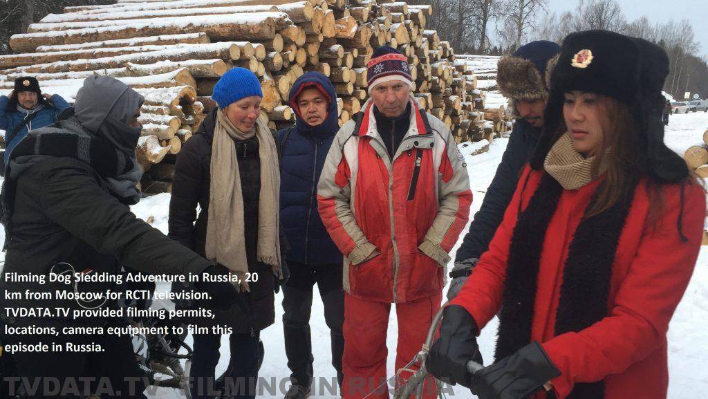 Filming Dog Sledding Adventure in Russia, 20 km from Moscow for RCTI television. TVDATA.TV provided filming permits, locations, camera equipment to film this episode in Russia.