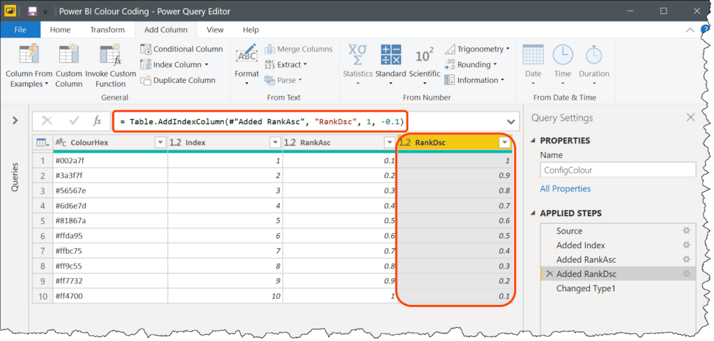 Using Table.AddIndexColumn function in Power Query with descending decimal values