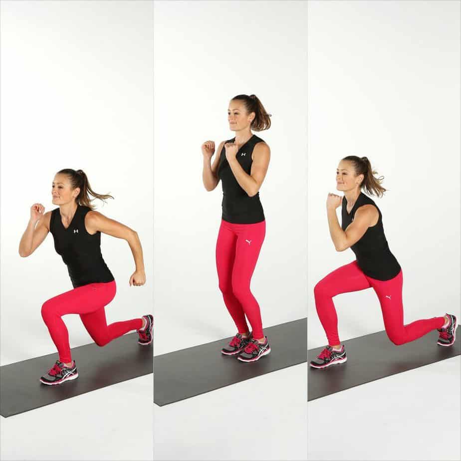 A girl has jumping lunges exercise