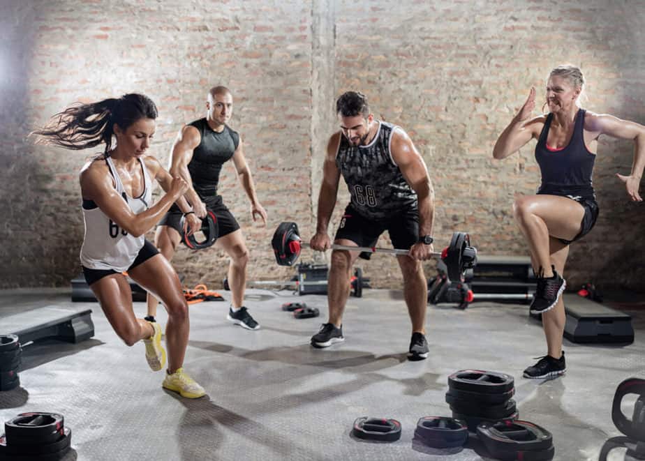 young people practicing with weights, high intensity training