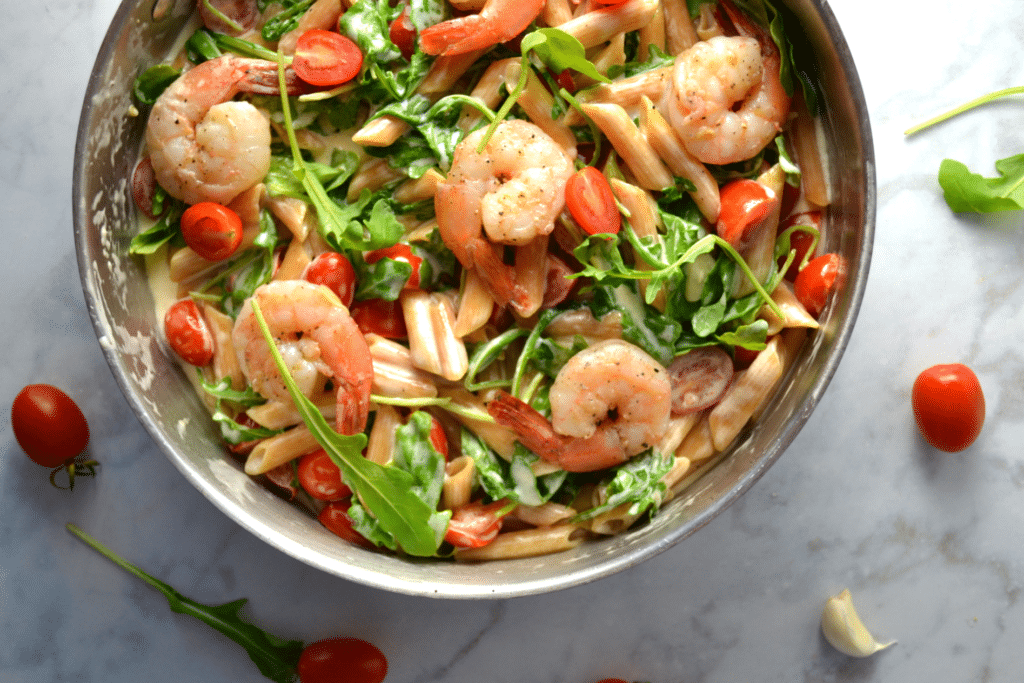 Creamy Shrimp Pasta with Tomatoes and Arugula | Delish D'Lites