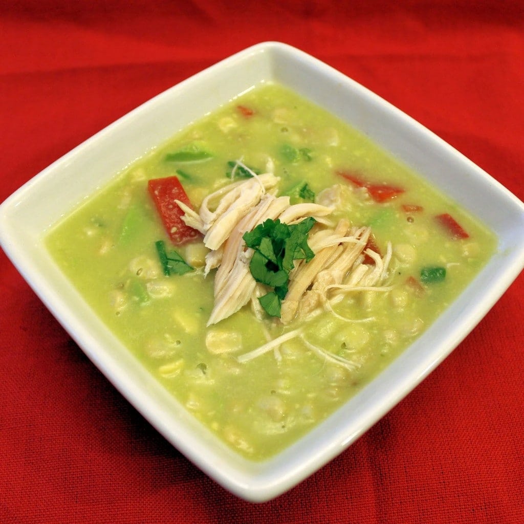 Avocado-Corn Chowder with Rotisserie Chicken. Soup can be made ahead of time but can be made within 20 minutes. Keep toppings separate until serving.