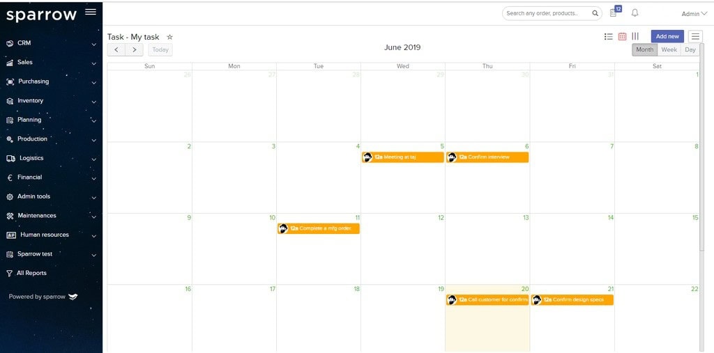 Sparrow ERP Task Management Calendar View Sparrow ERP Task Management Calendar View