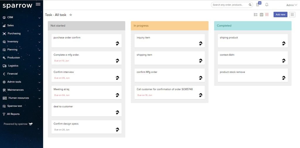Sparrow ERP Task Management Kanban View Sparrow ERP Task Management Kanban View