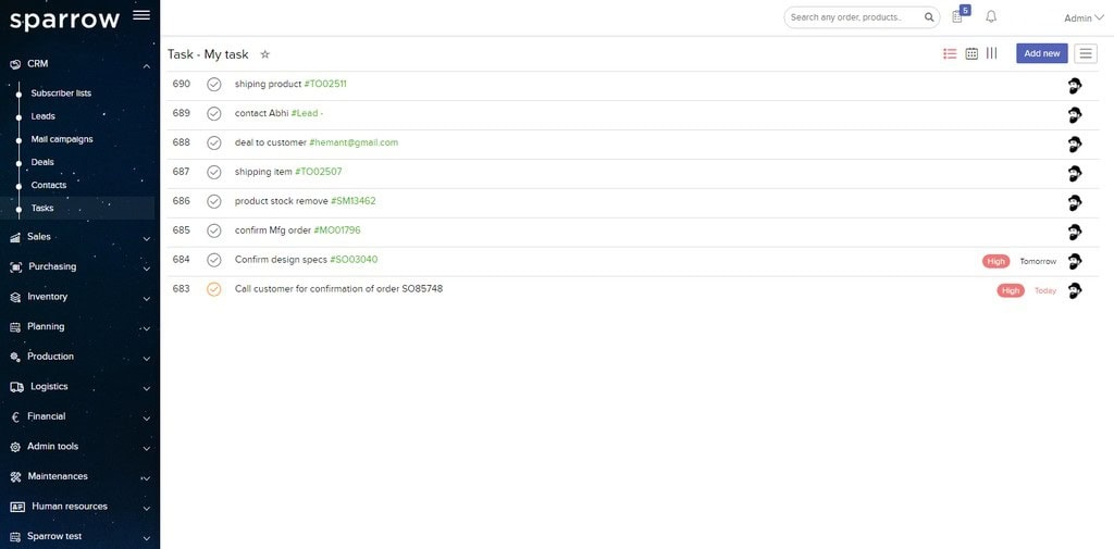 Sparrow ERP Task Management List View Sparrow ERP Task Management List View