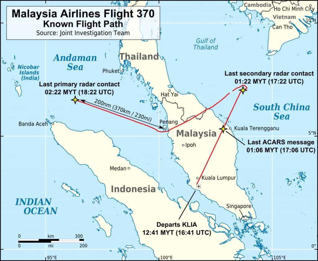 MH370 Flight Path With English Labels